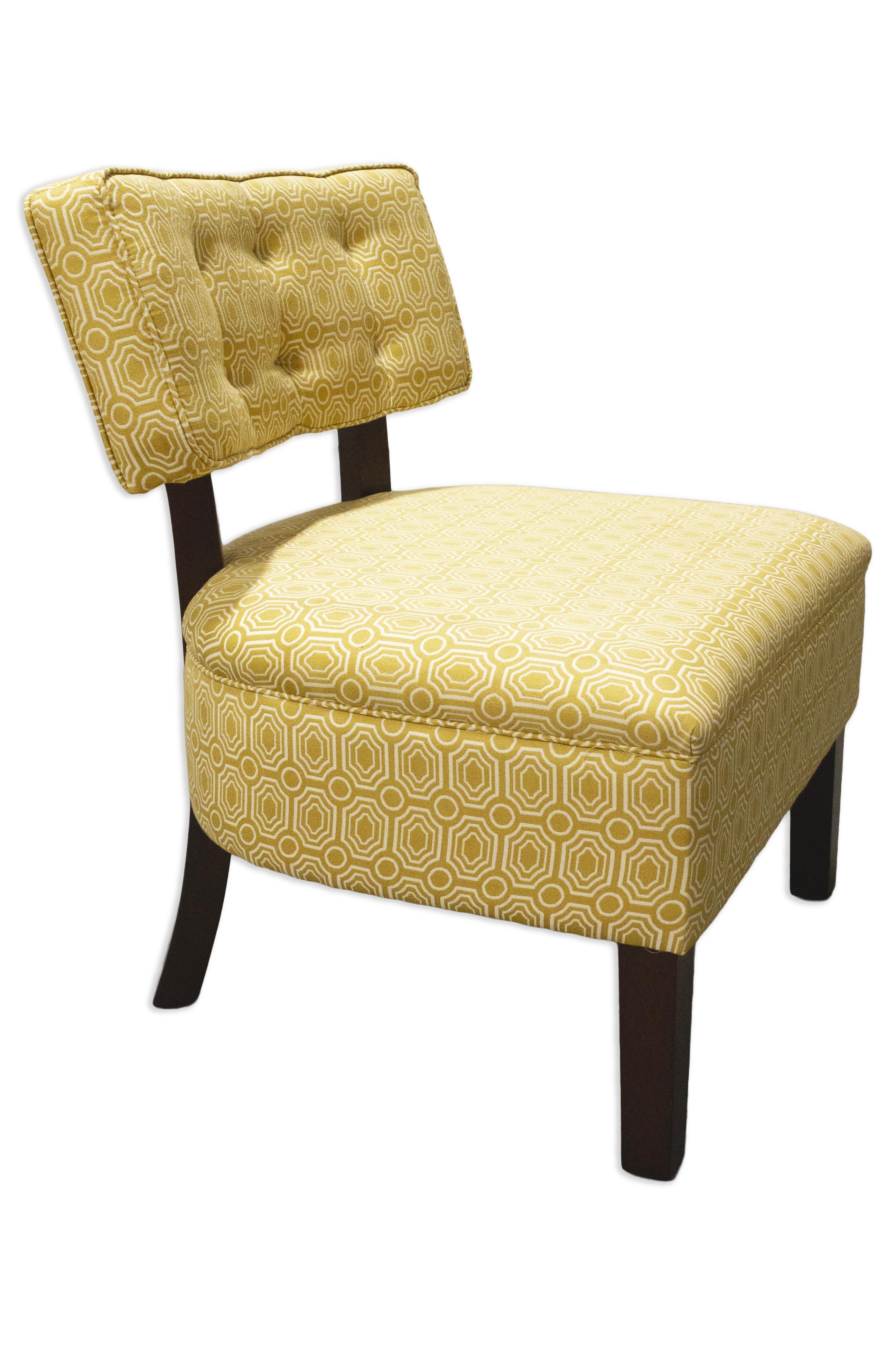 Add a pop of personality to your space with this eye-catching Mid-Century Modern accent chair, featuring a vibrant yellow and white geometric pattern. The clean-lined silhouette and tufted backrest are reminiscent of retro design, while the rich