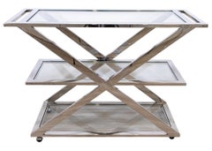 Contemporary Modern Milo Baughman Attr, 3 Tier Glass and Chrome Server Bar Cart