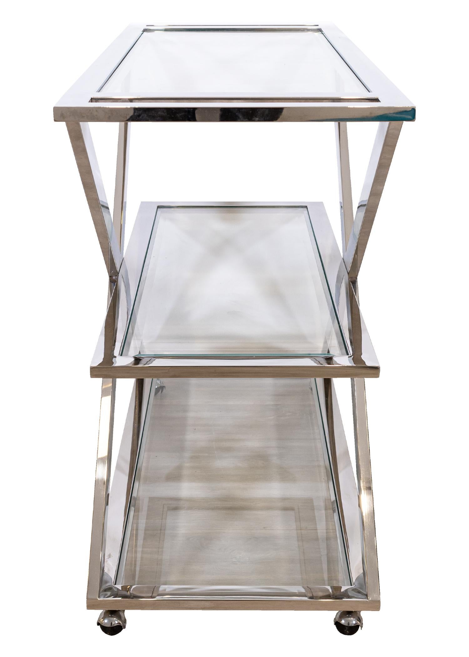 Contemporary Modern Milo Baughman Attr, 3 Tier Glass and Chrome Server Bar Cart In Good Condition In Keego Harbor, MI