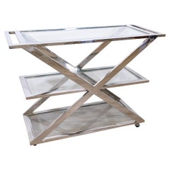 Contemporary Modern Milo Baughman Attr, 3 Tier Glass and Chrome Server Bar Cart