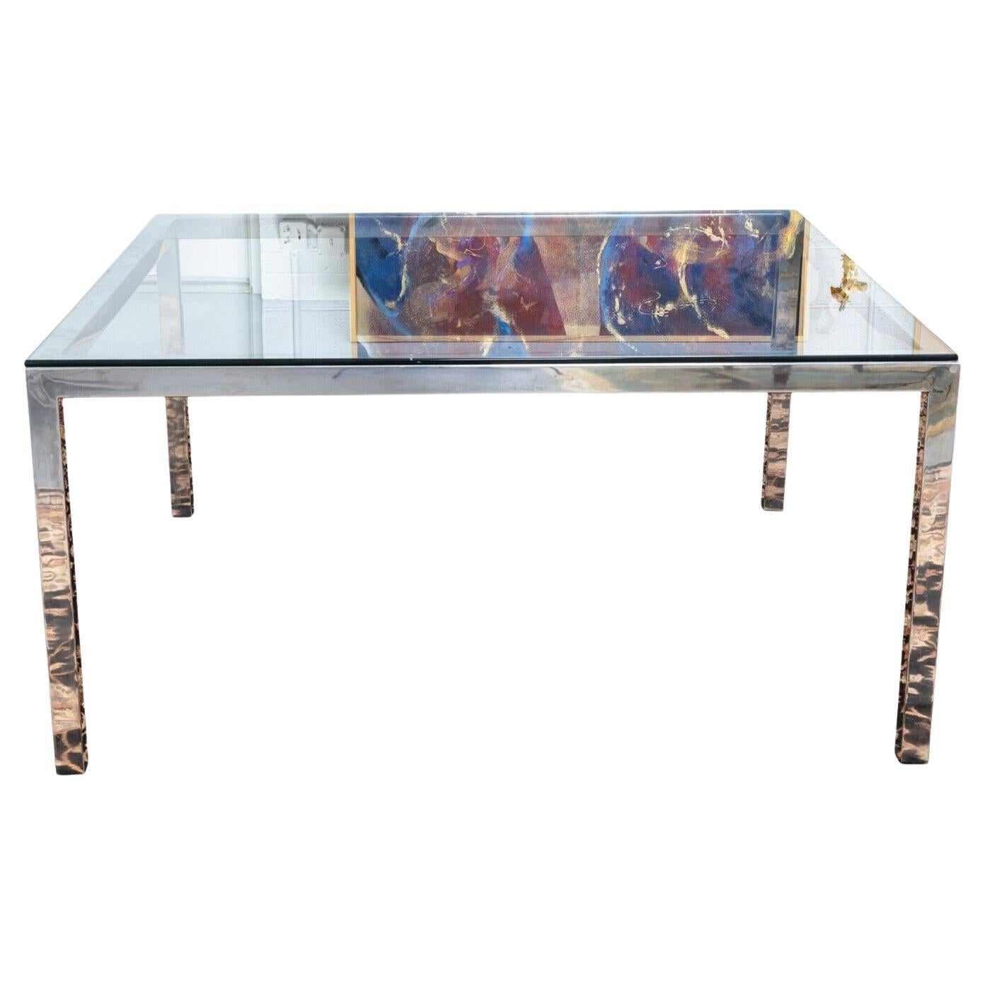 Table de salle à manger contemporaine moderne Milo Baughman, grande table carrée en chrome poli