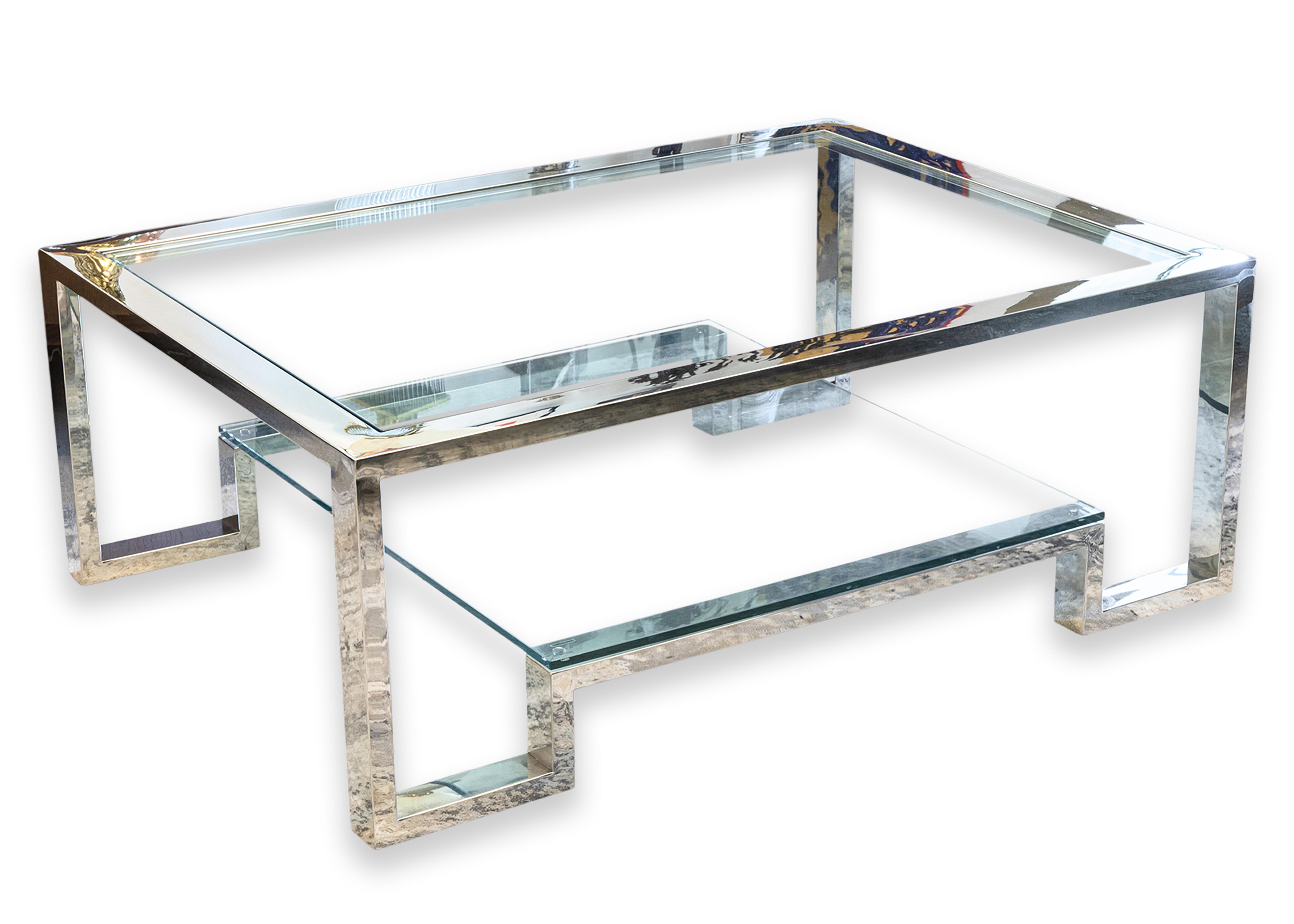 Moderner Milo Baughman Stil Chrom und Glas Zweistöckiger Couchtisch im Angebot 2