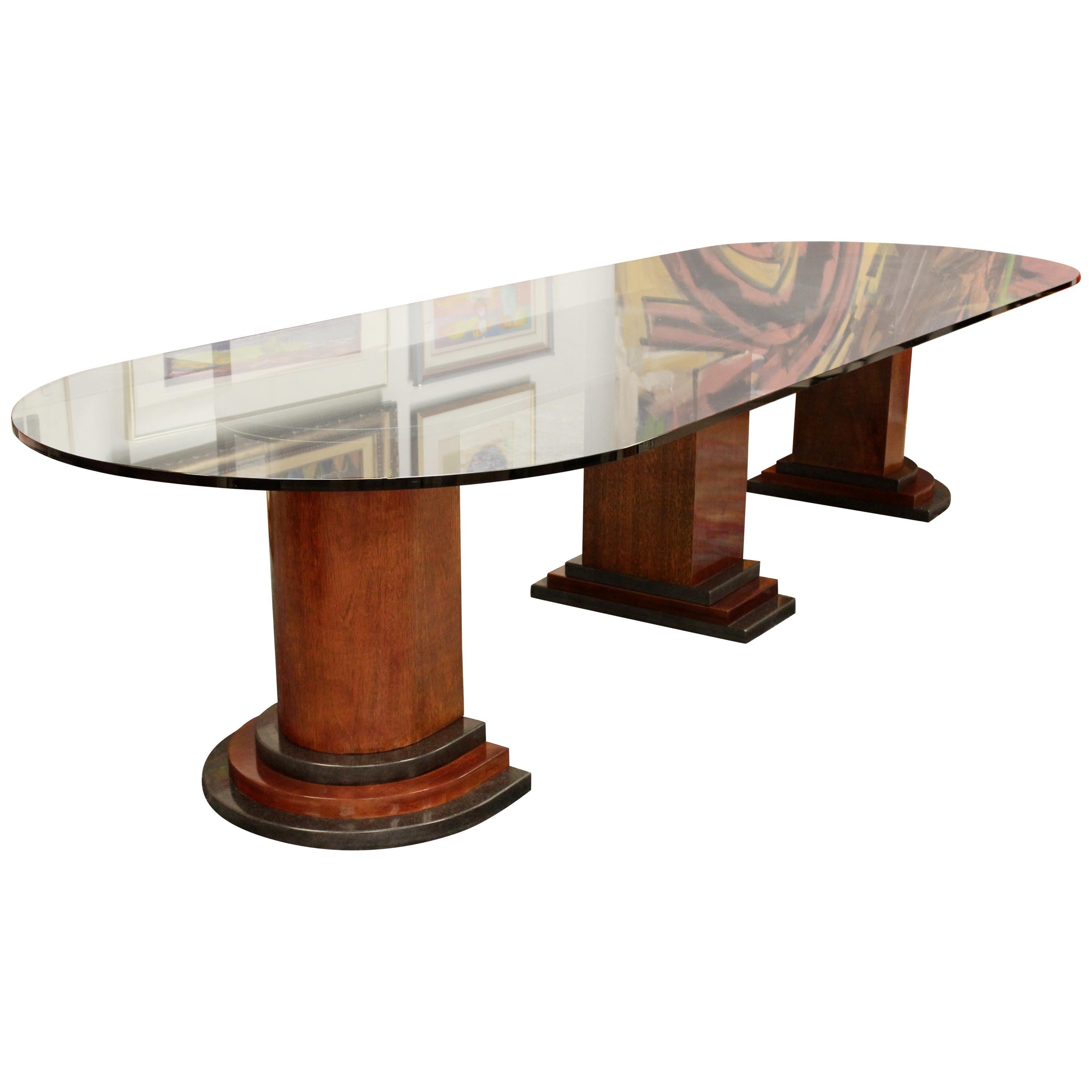 Contemporary Modern Monumental Rosewood Granite Glass Dining Conference Table