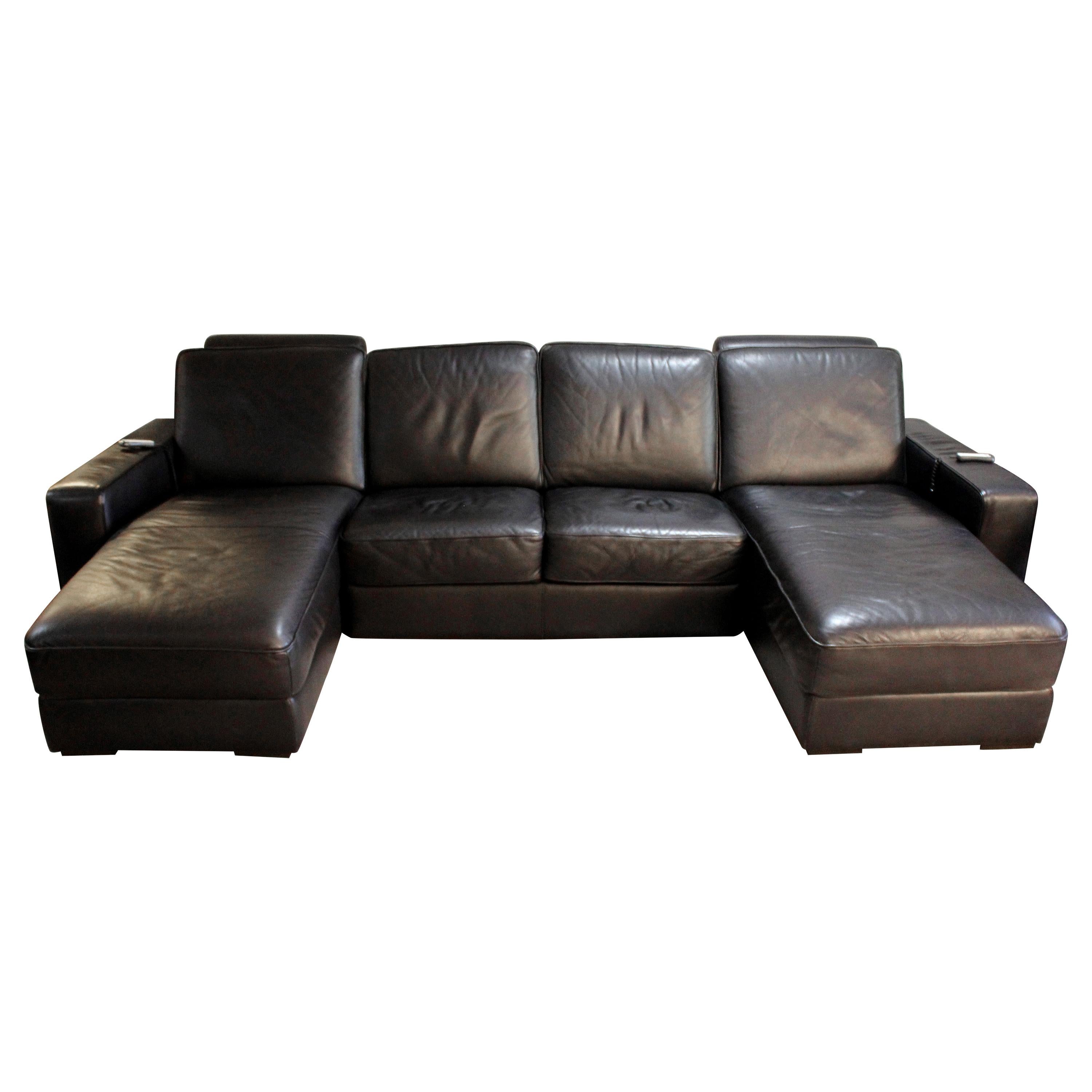 Contemporary Modern Natuzzi Black Leather 4-Seat Sectional Sofa with 2 Chaises
