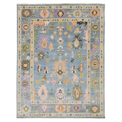 Contemporary Modern Oushak Style Hand-Knotted Wool Area Rug in Sky Blue & Pastel