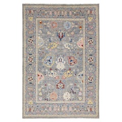 Contemporary Modern Oushak Style Hand-Knotted Wool Rug in Slate Grey & Pastel