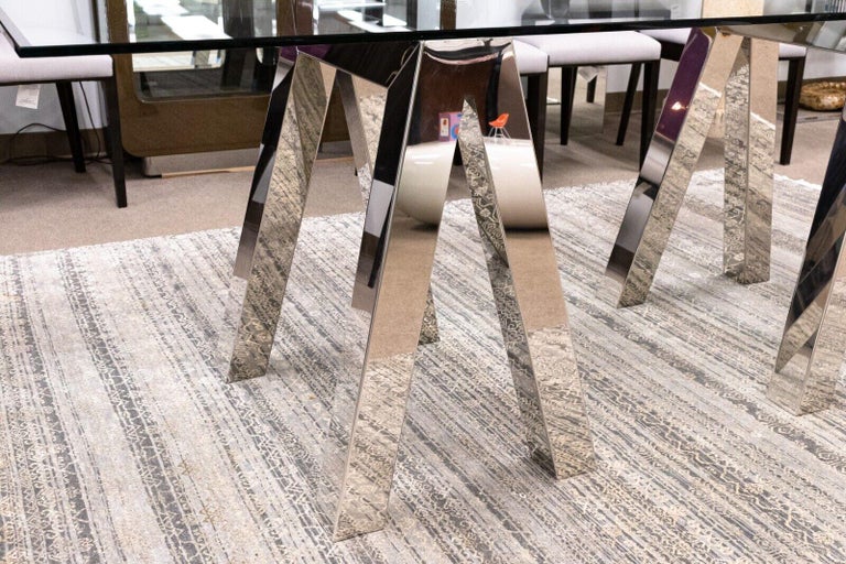 20th Century Contemporary Modern Pace Style Polished Chrome Glass Dining Table Sawhorse Base