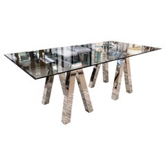 Vintage Contemporary Modern Pace Style Polished Chrome Glass Dining Table Sawhorse Base