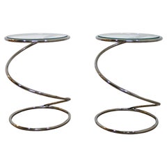 Contemporary Modern Pair DIA Spiral Chrome & Glass Small Side End Tables 1980s