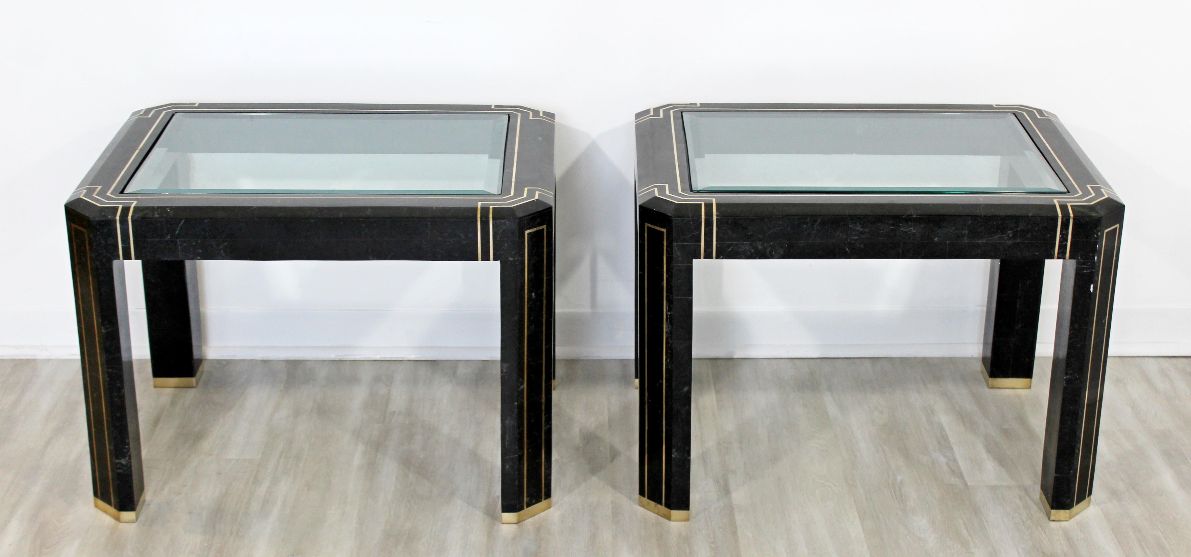 Contemporary Modern Pair of Maitland Smith Tessellated Stone Glass Side Tables In Good Condition In Keego Harbor, MI