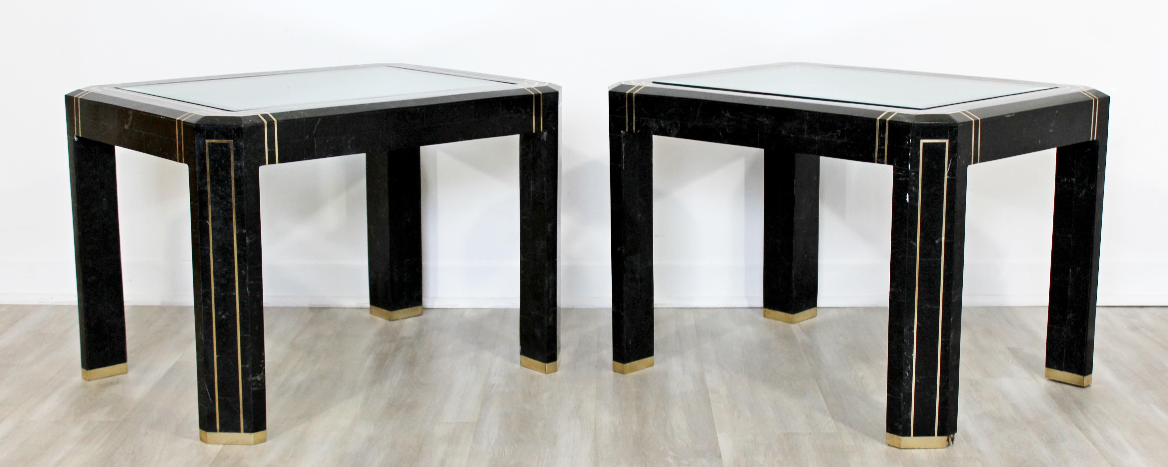 Late 20th Century Contemporary Modern Pair of Maitland Smith Tessellated Stone Glass Side Tables