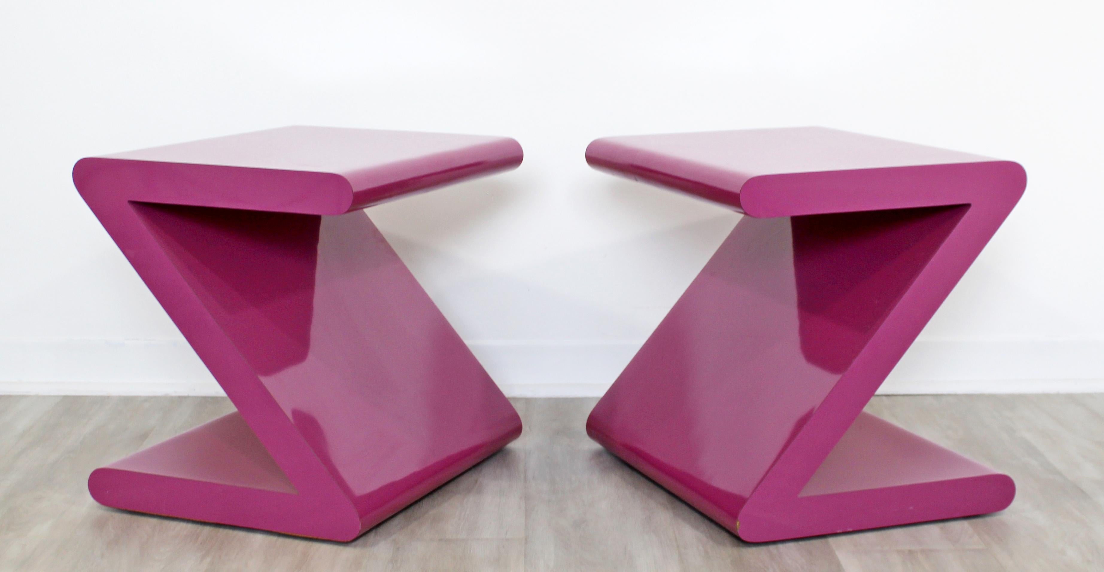 For your consideration is an absolutely fabulous pair of pink, Z-shaped acrylic side or end tables, circa 1980s. In excellent condition. The dimensions are 20