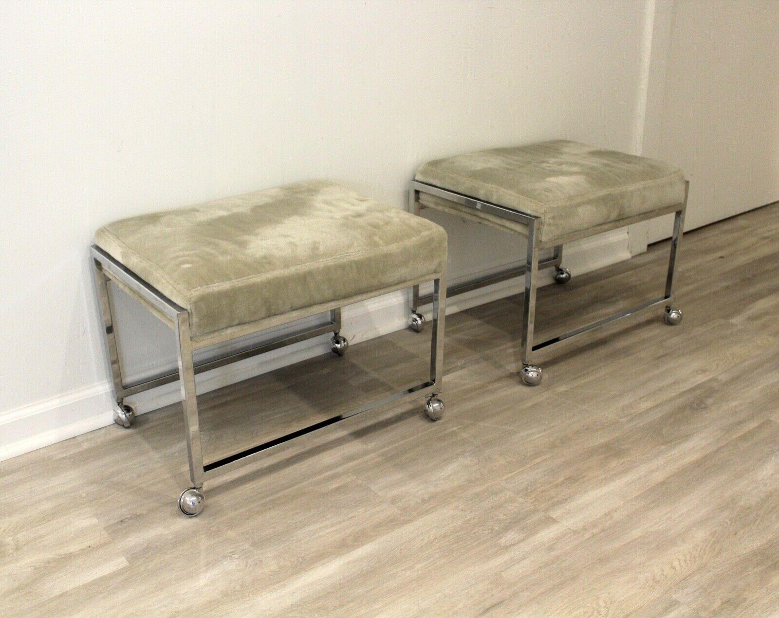 Contemporary Modern Pair of Baughman Style Chrome on Casters Stools Ottomans In Good Condition In Keego Harbor, MI