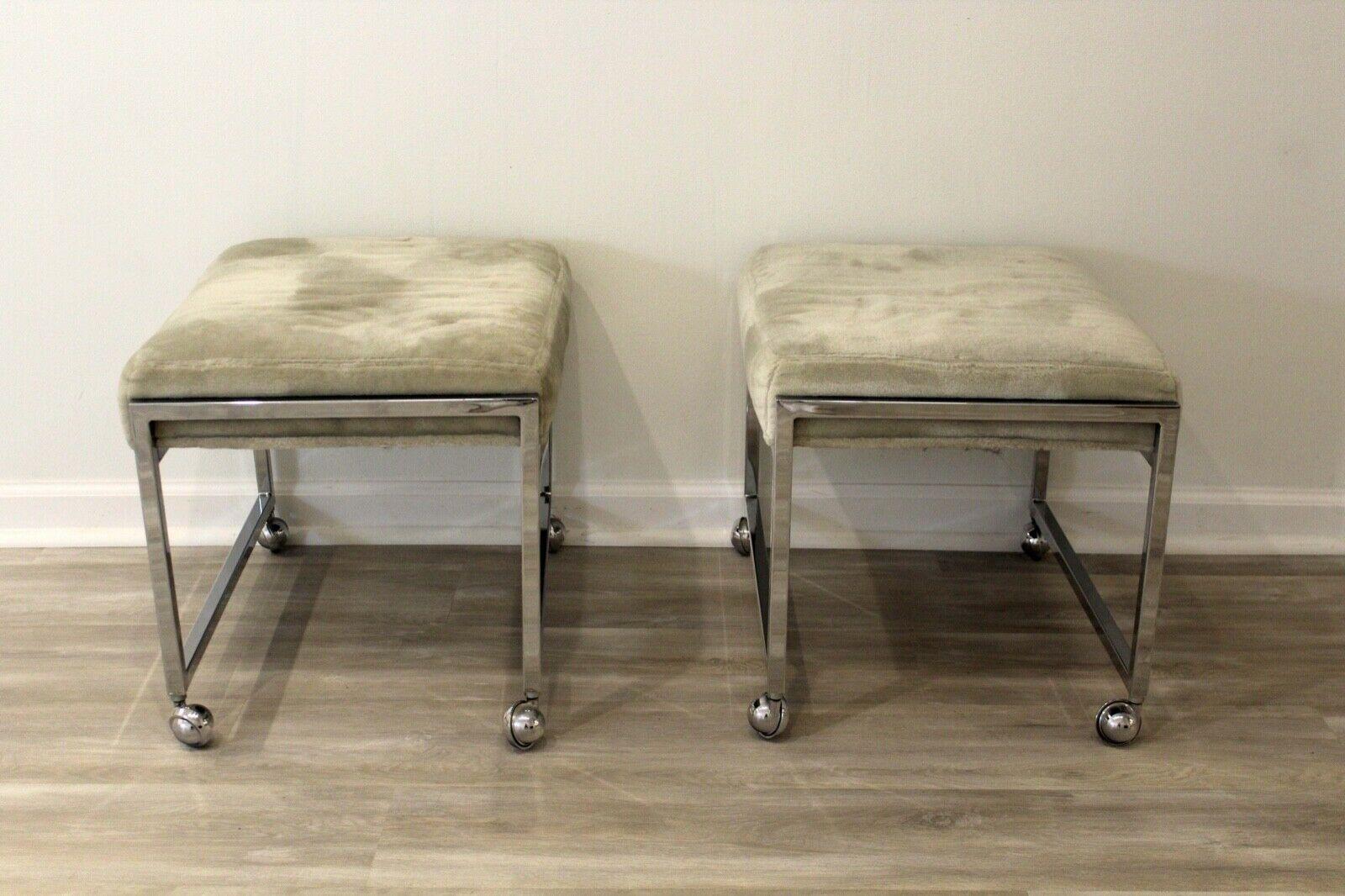 Contemporary Modern Pair of Baughman Style Chrome on Casters Stools Ottomans 5