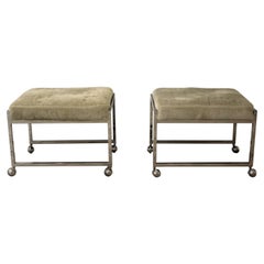Contemporary Modern Pair of Baughman Style Chrome on Casters Stools Ottomans