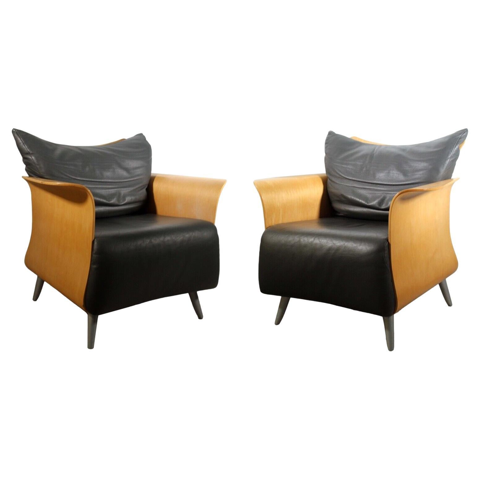 Contemporary Modern Pair of Belle Bentwood Leather Lounge Chairs by Keilhauer