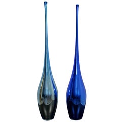 Contemporary Modern Pair of Blue Art Mirrored Glass Vases Signed Andrew Wu 1980s
