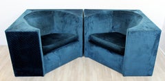 Contemporary Modern Pair of Blue Velvet Cube Corner Lounge Club Chairs, 1980s
