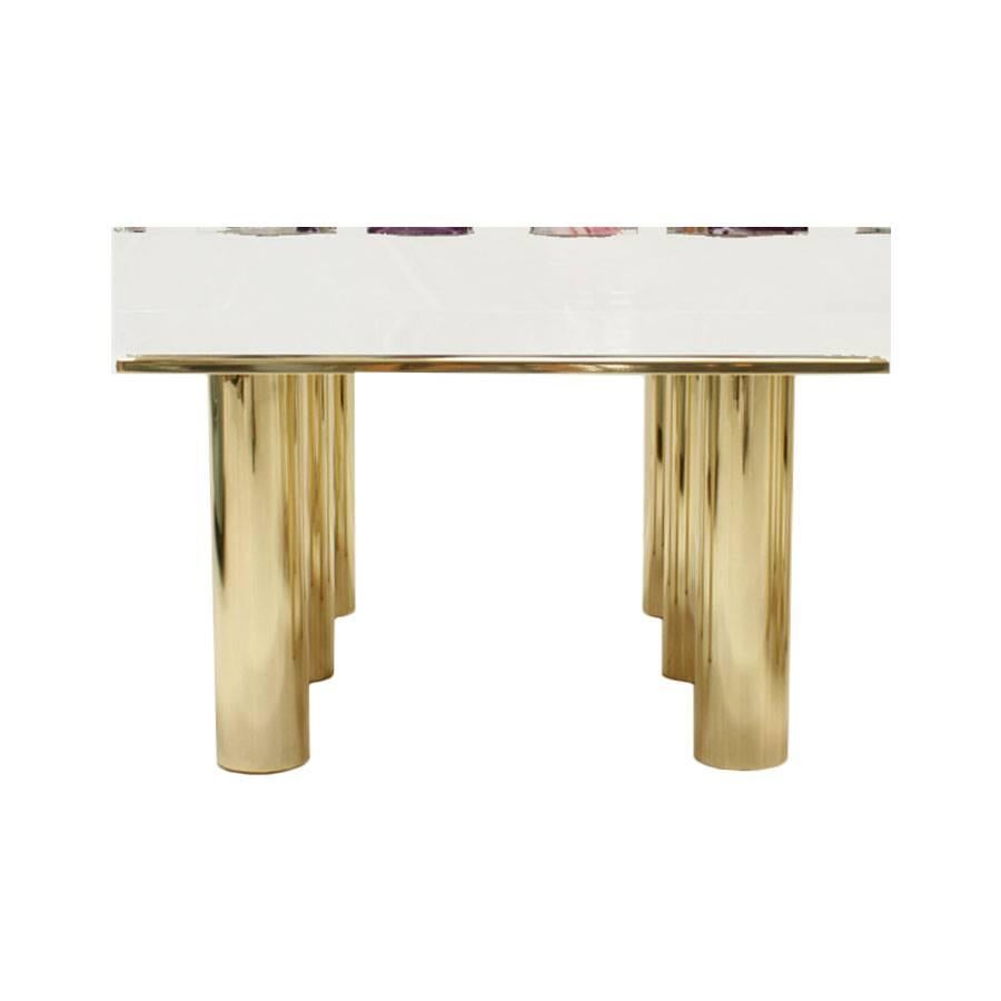 Pair of Italian coffee tables designed by Studio Superego. Base made of solid brass and methacrylate of 10 cm thick with agates crimped on top.