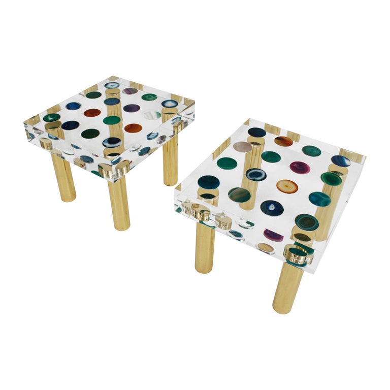 Pair of Italian coffee tables designed by Studio Superego. Base composed of four solid brass legs and methacrylate of 10 cm thick with agates crimped on top.

Our main target is customer satisfaction, so we include in the price for this item
