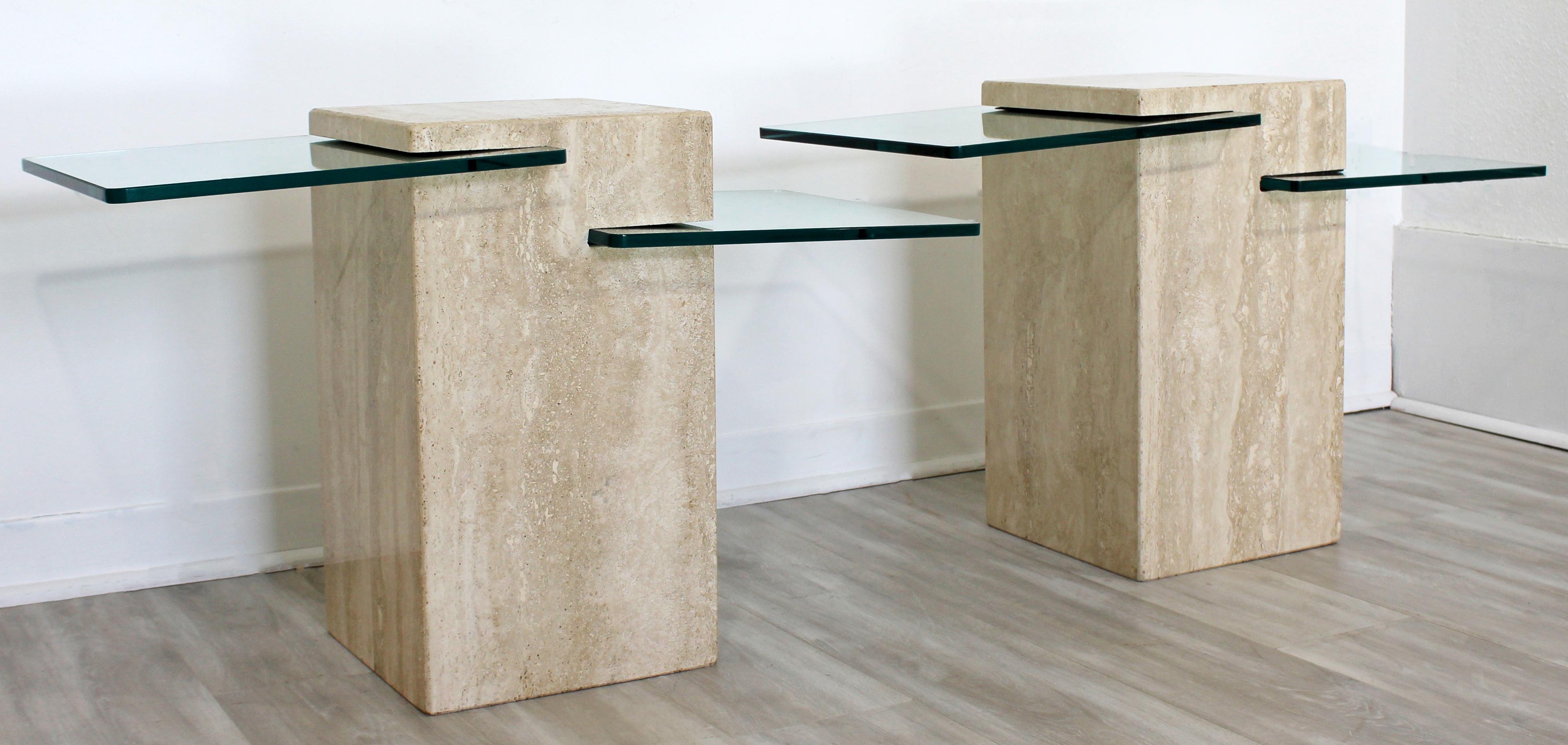 Late 20th Century Contemporary Modern Pair of Marble & Glass Insert Side End Tables, 1980s