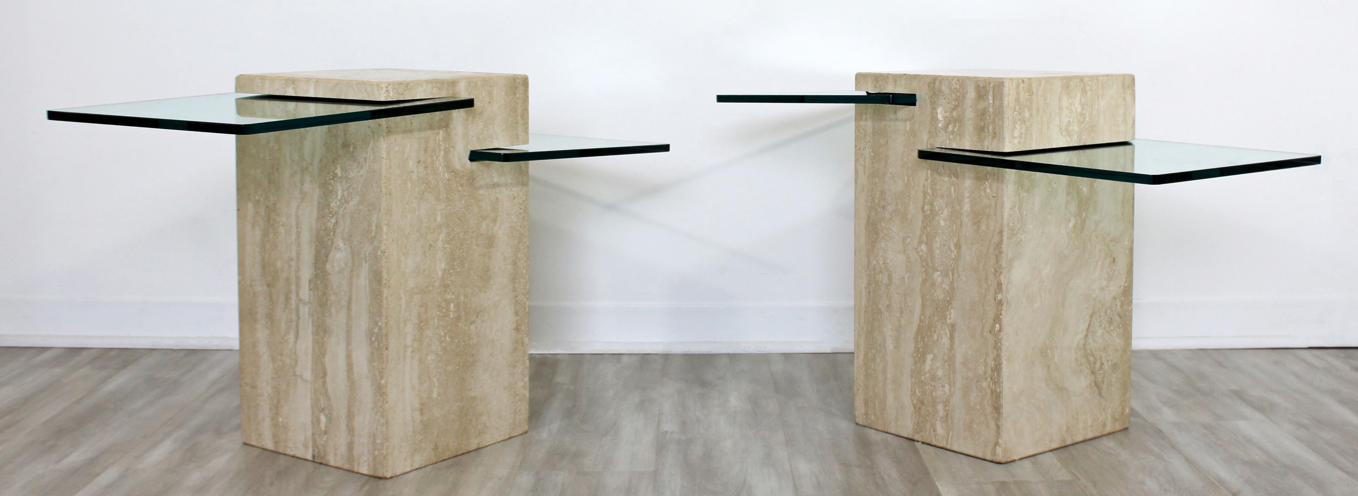 Contemporary Modern Pair of Marble & Glass Insert Side End Tables, 1980s 3