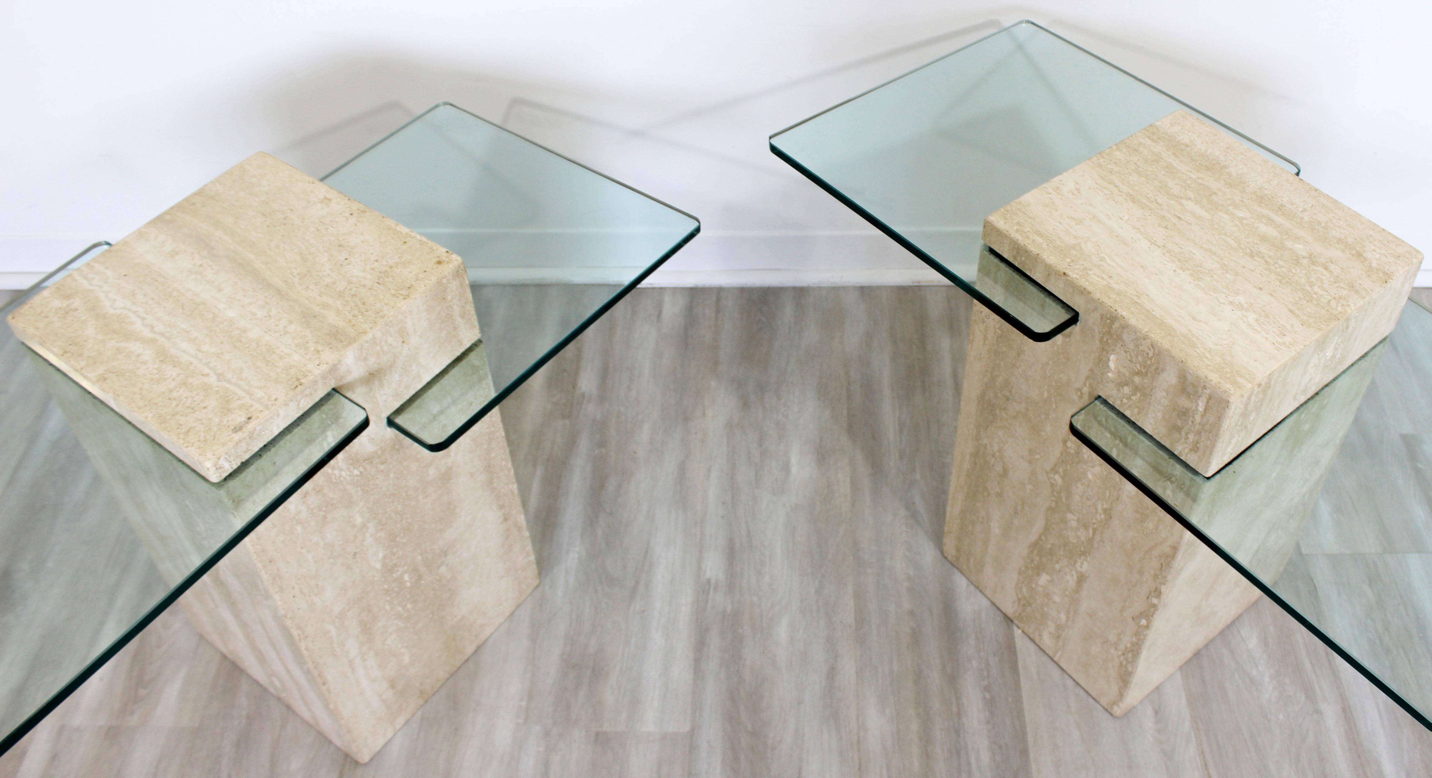 Contemporary Modern Pair of Marble & Glass Insert Side End Tables, 1980s 4