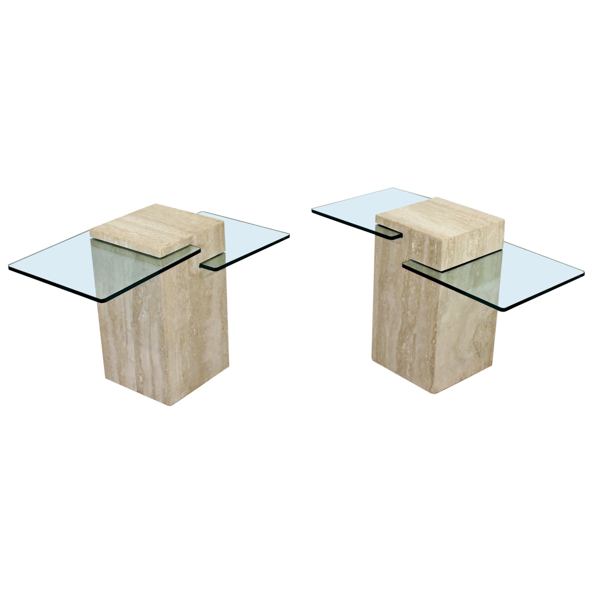 Contemporary Modern Pair of Marble & Glass Insert Side End Tables, 1980s
