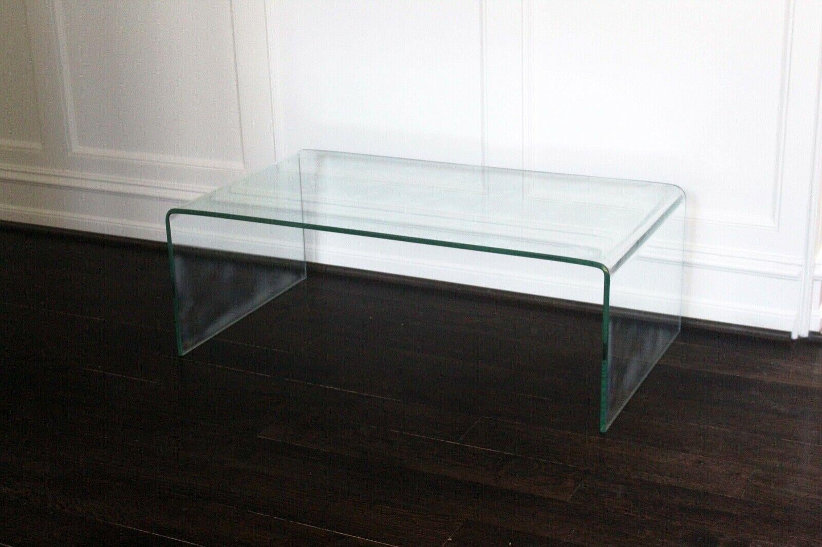 Contemporary Modern Pair of Sheet Glass Waterfall Coffee Cocktail Tables 3