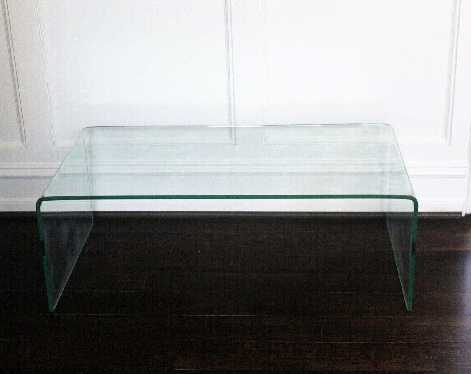 Contemporary Modern Pair of Sheet Glass Waterfall Coffee Cocktail Tables 4
