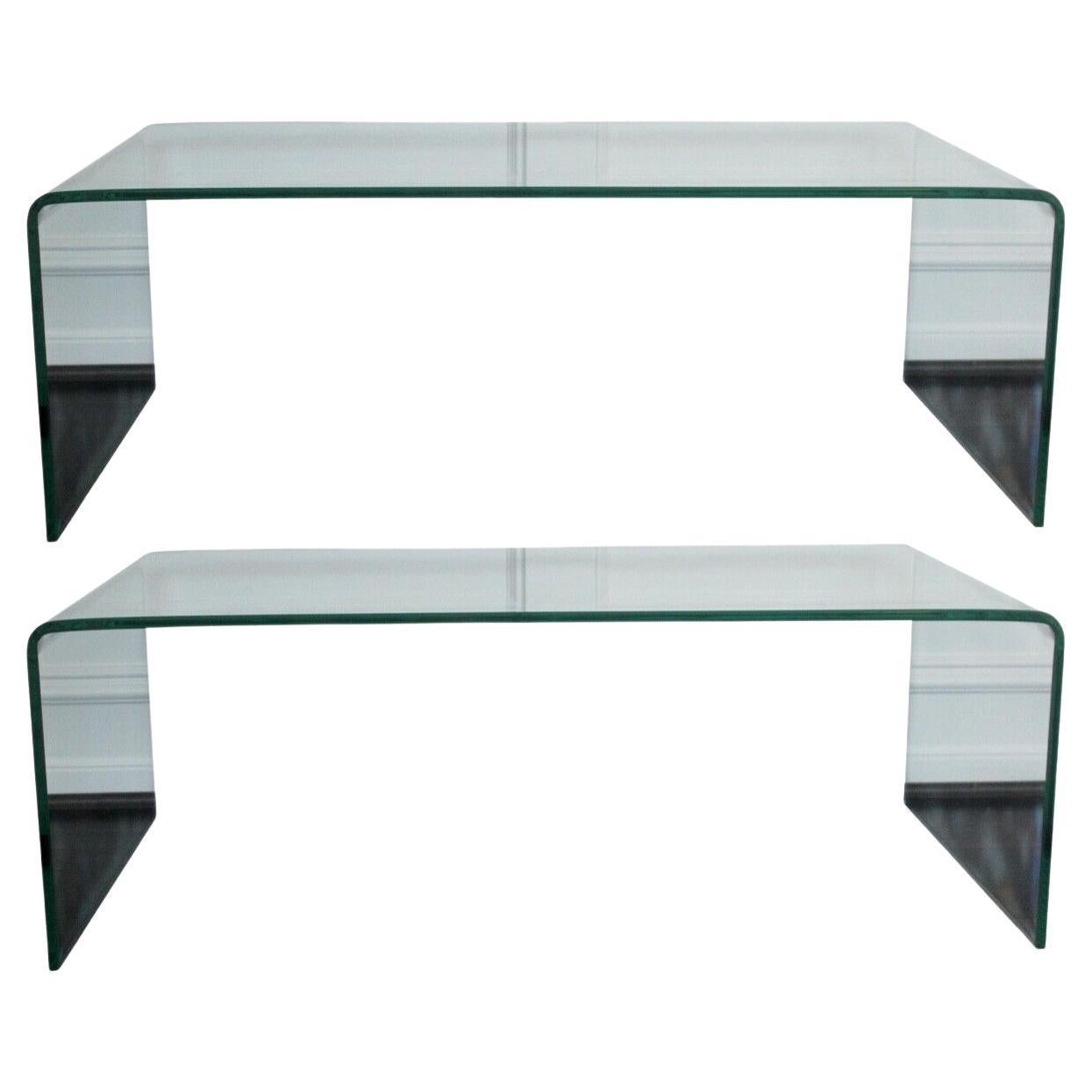 Contemporary Modern Pair of Sheet Glass Waterfall Coffee Cocktail Tables