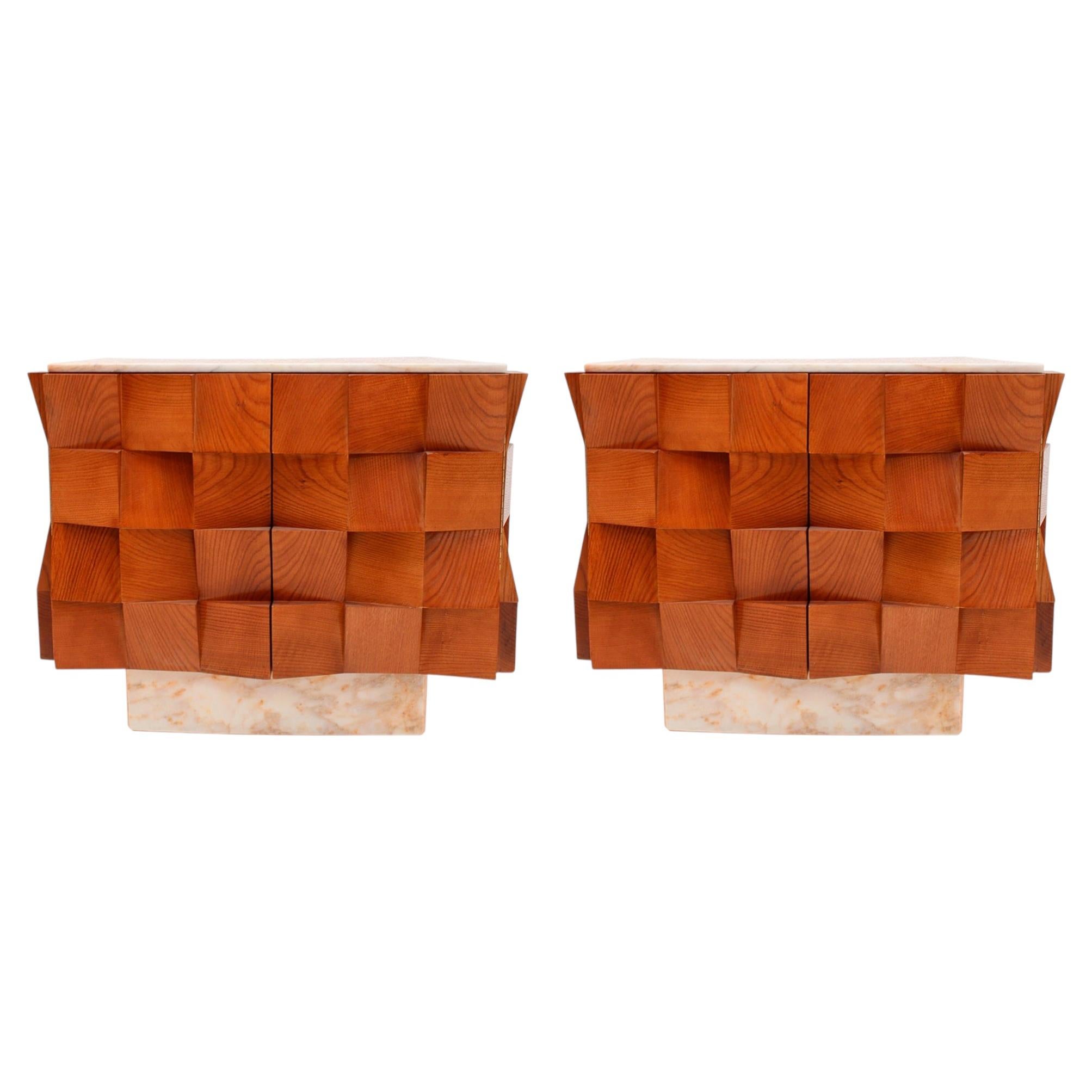 Contemporary Modern Pair of Sideboards in Wood and Siena Marble Top, Italy For Sale