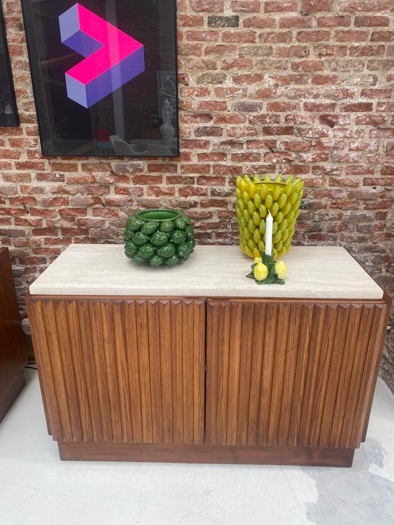 Contemporary Modern Pair of Sideboards in Wood and Travertine Marble Top For Sale 8