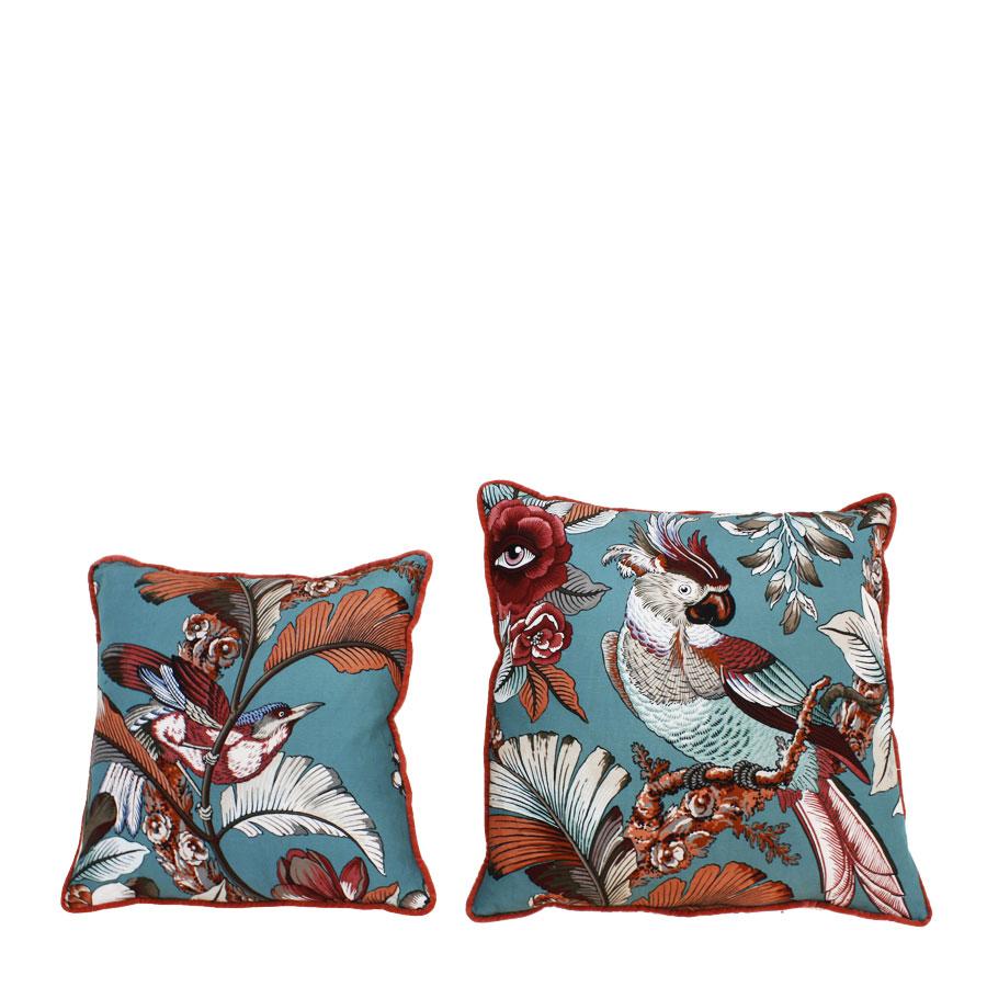 Contemporary pair of square scatter cushions. Upholstered in pattern linen fabric model 