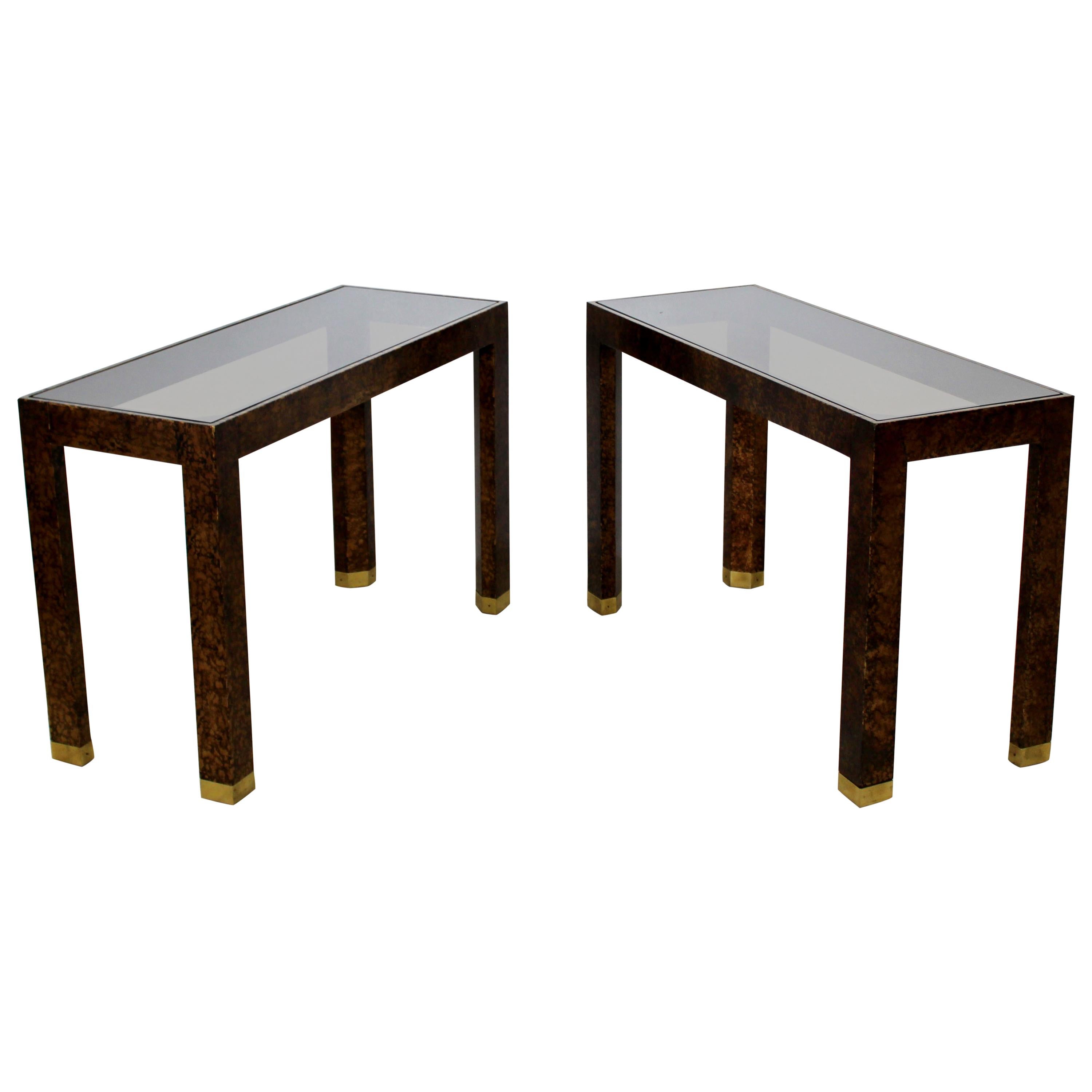 Contemporary Modern Pair of Vintage Henredon Console Tables Faux Tortoise Shell