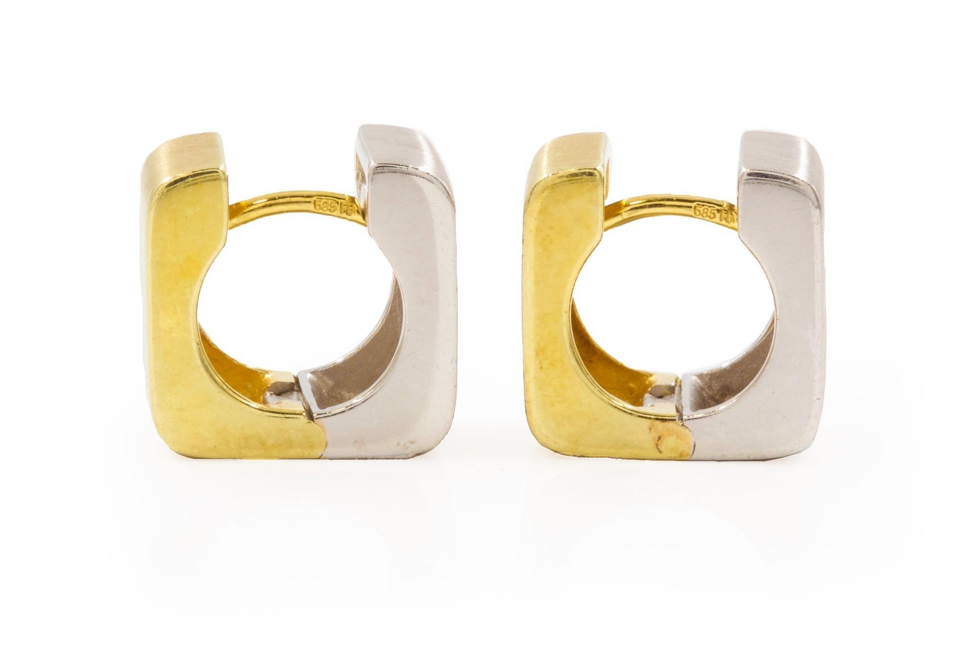 Contemporary Modern Pair of White-and-Yellow 14k Gold Huggie Earrings In Good Condition For Sale In Shippensburg, PA