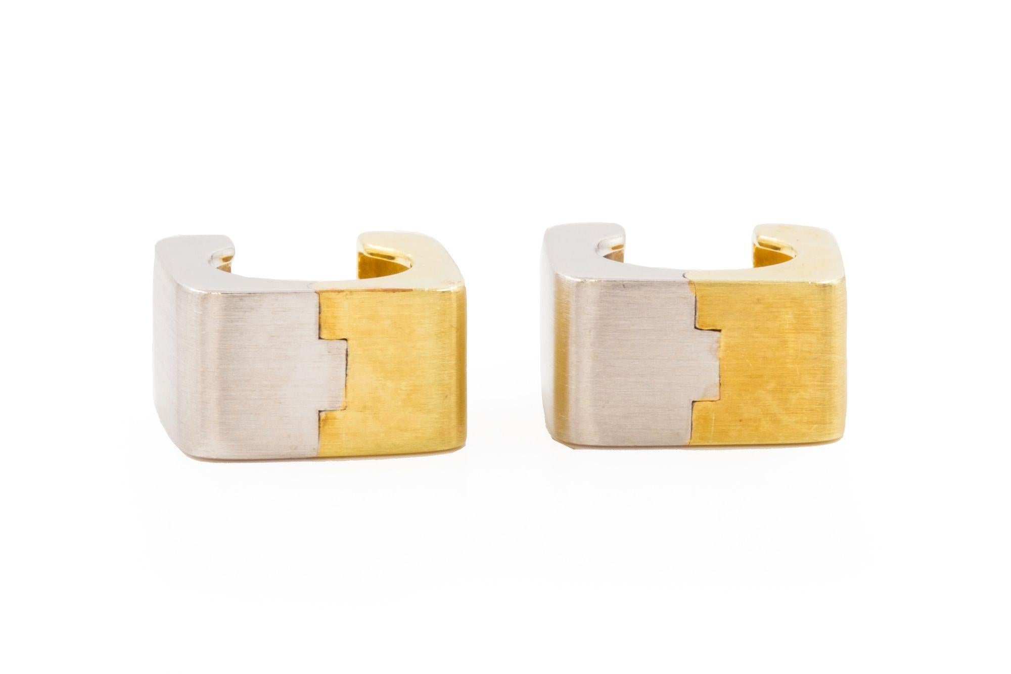 Contemporary Modern Pair of White-and-Yellow 14k Gold Huggie Earrings For Sale 1