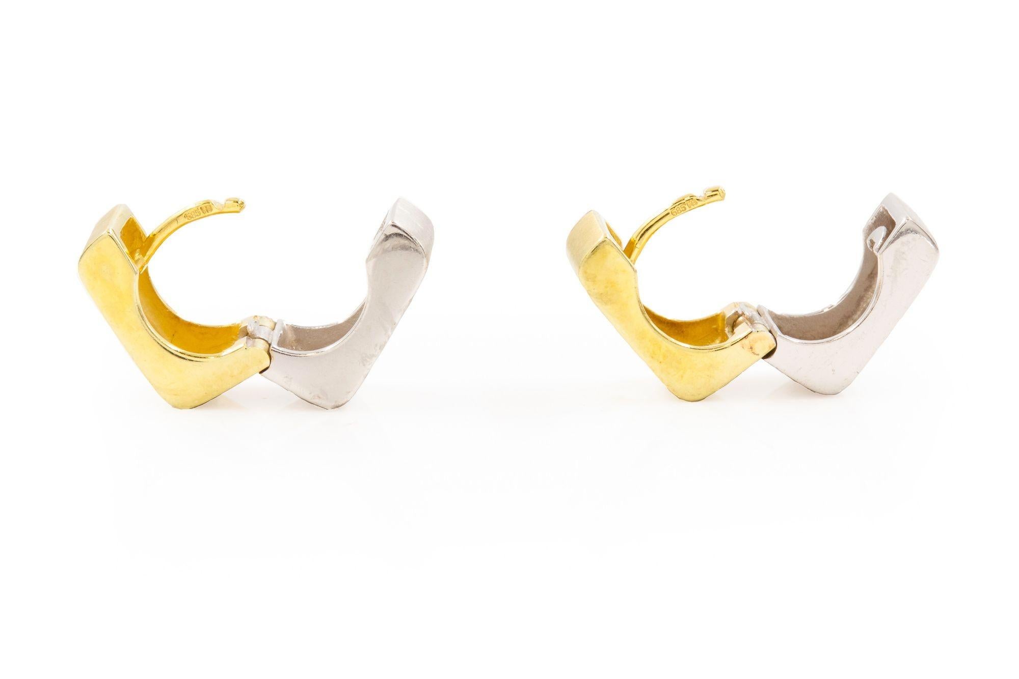 Contemporary Modern Pair of White-and-Yellow 14k Gold Huggie Earrings For Sale 2