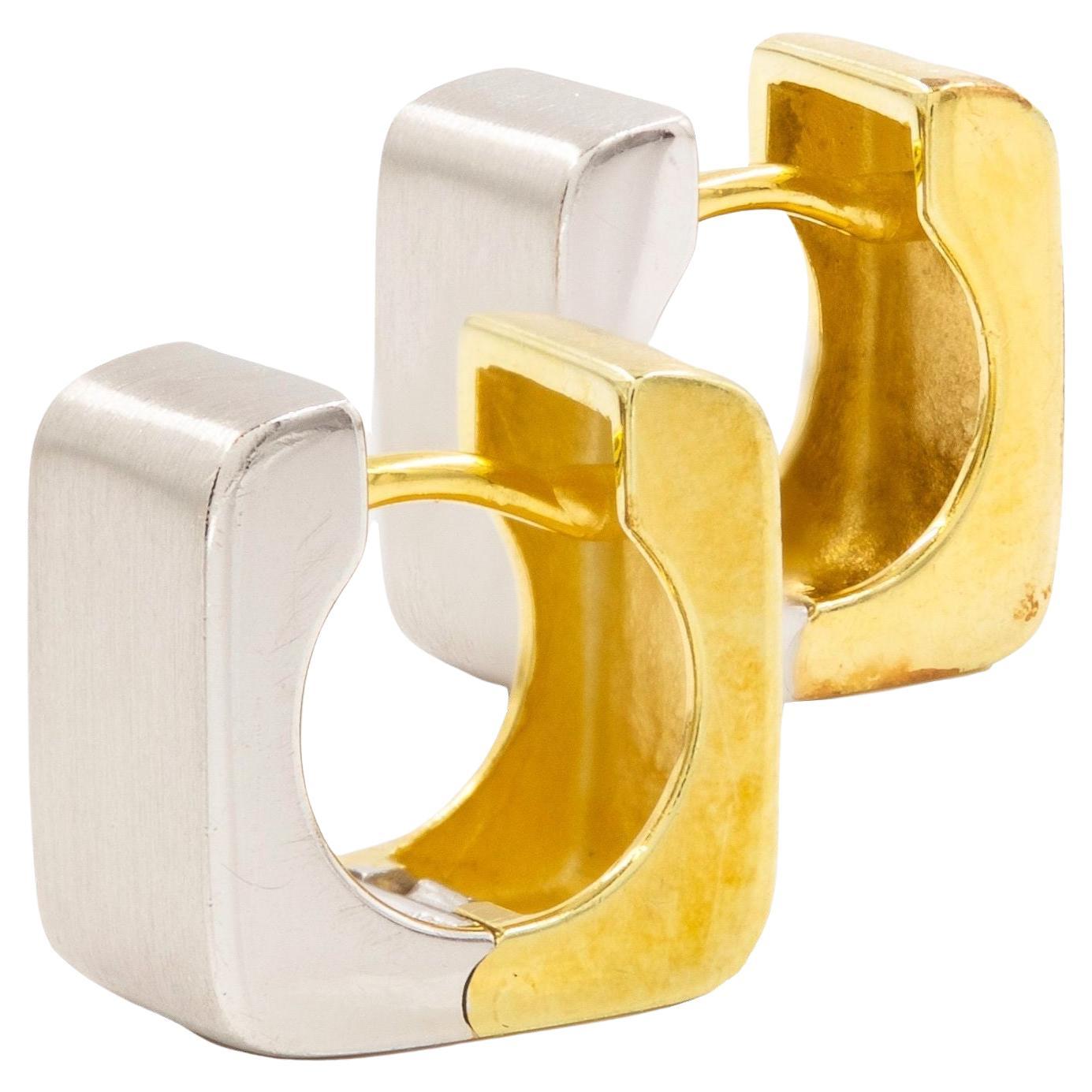 Contemporary Modern Pair of White-and-Yellow 14k Gold Huggie Earrings For Sale