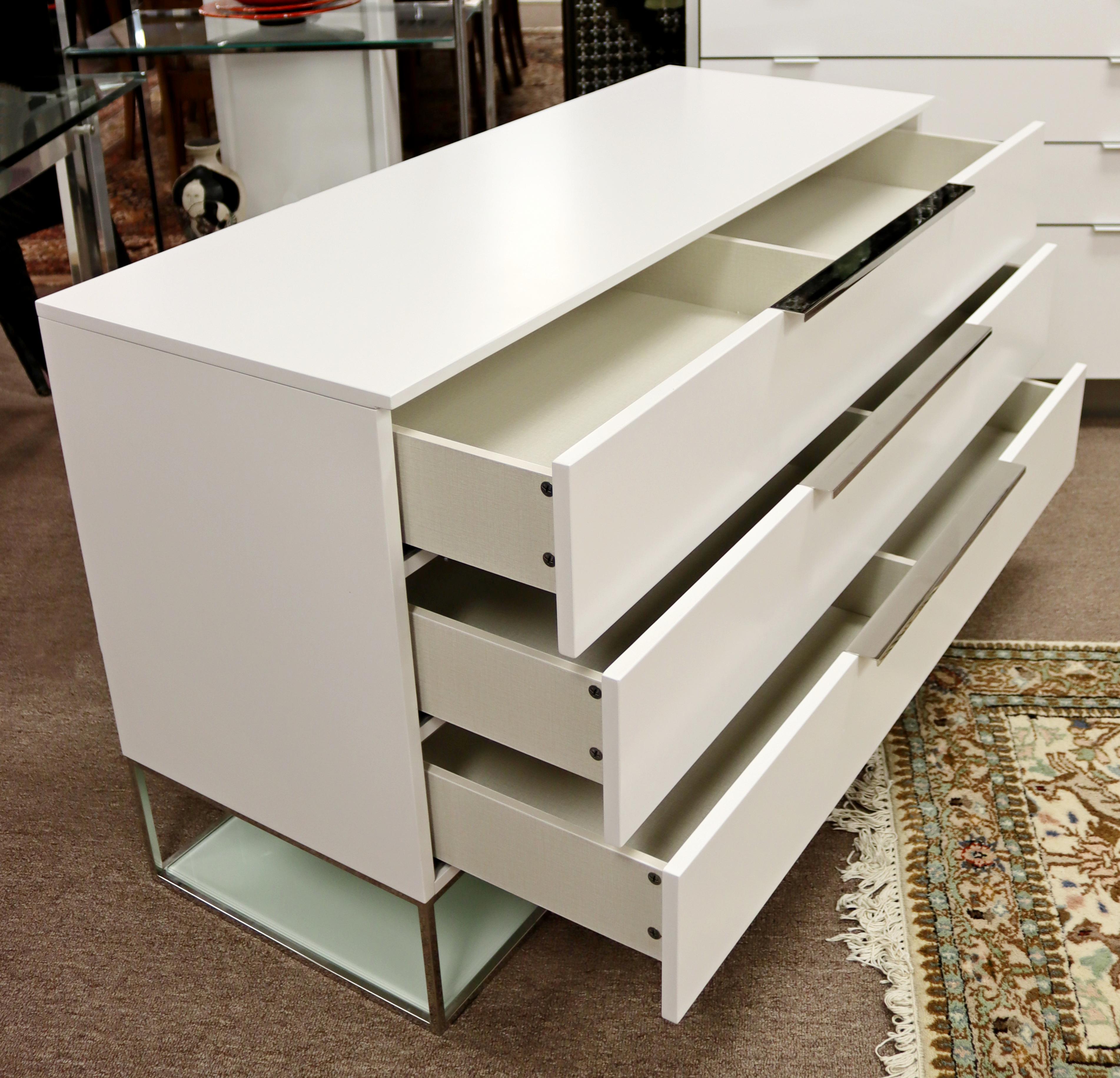 Contemporary Modern Pair of White Dressers Nightstands Chrome Accents 3 Drawers 3