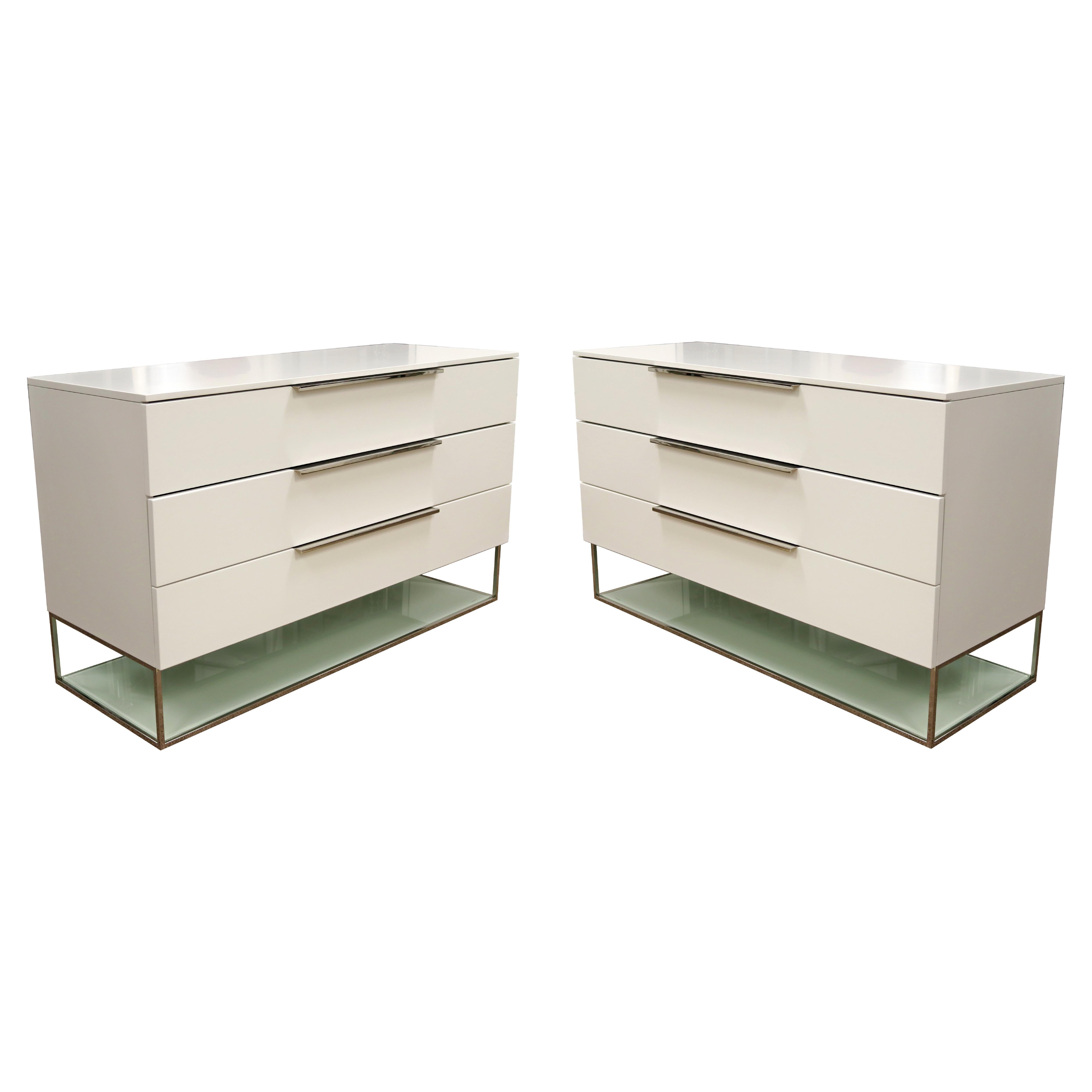 Contemporary Modern Pair of White Dressers Nightstands Chrome Accents 3 Drawers