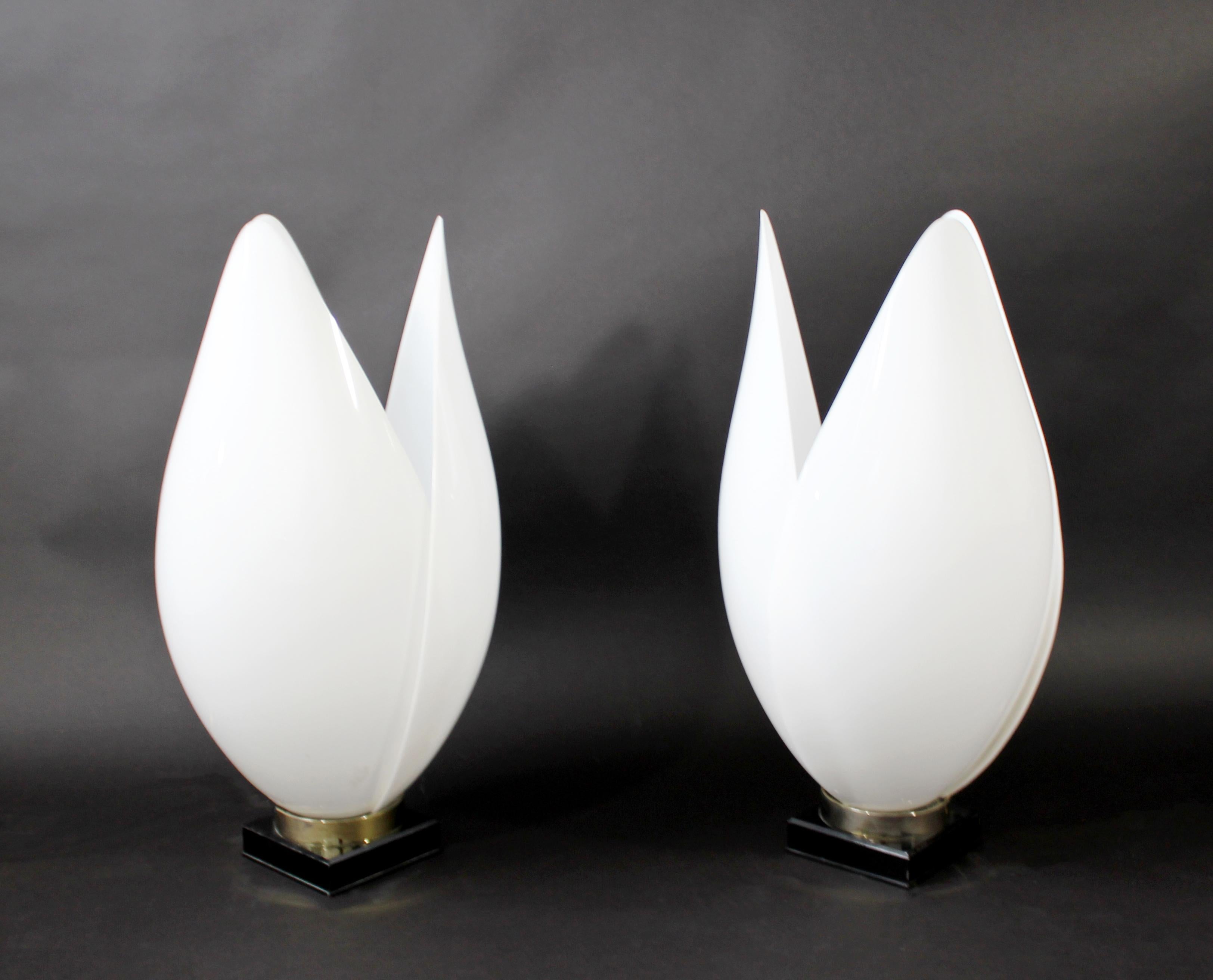 Canadian Contemporary Modern Pair of White Rougier Table Lamps 1980s Acrylic Flower Brass