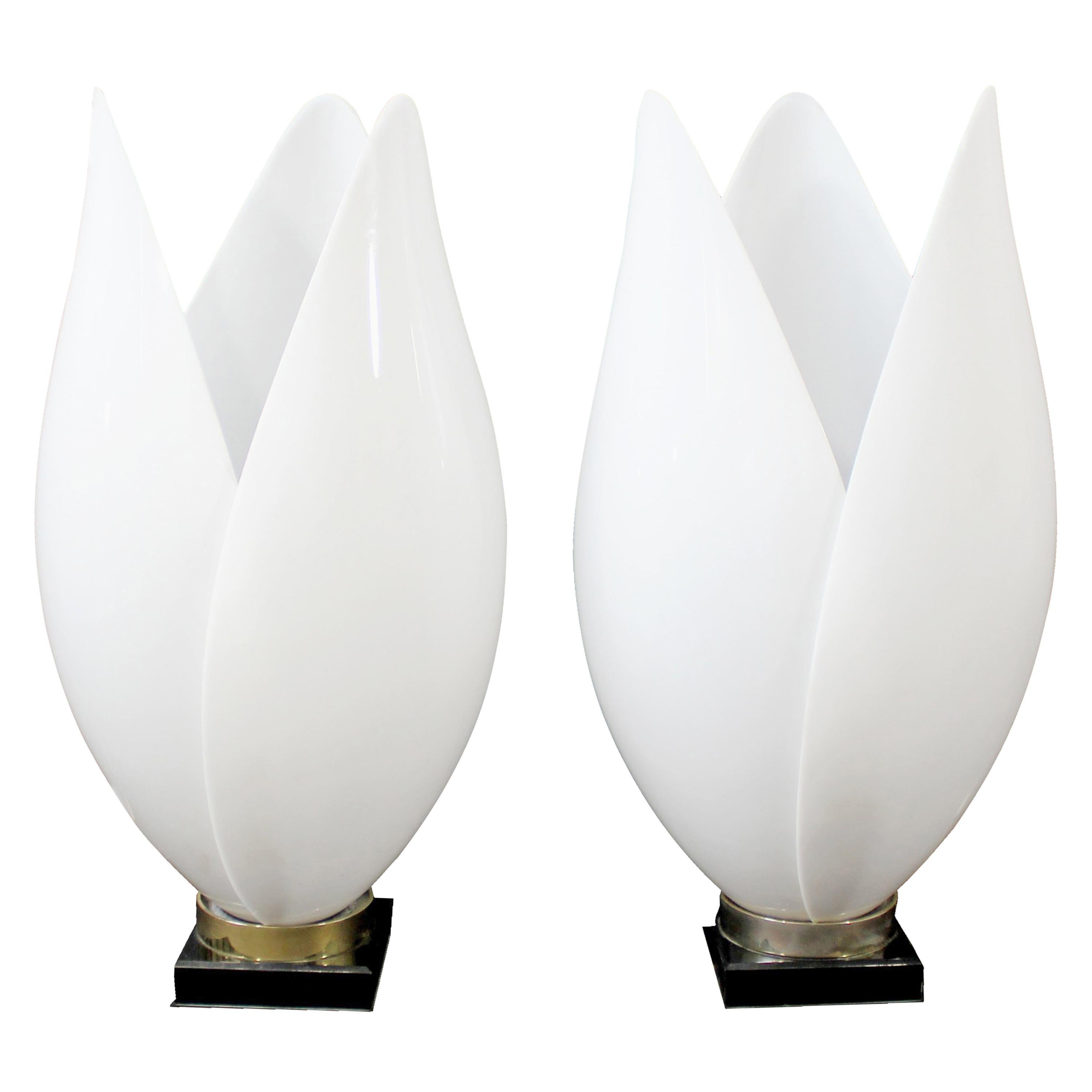 Contemporary Modern Pair of White Rougier Table Lamps 1980s Acrylic Flower Brass