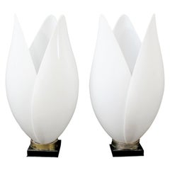 Contemporary Modern Pair of White Rougier Table Lamps 1980s Acrylic Flower Brass