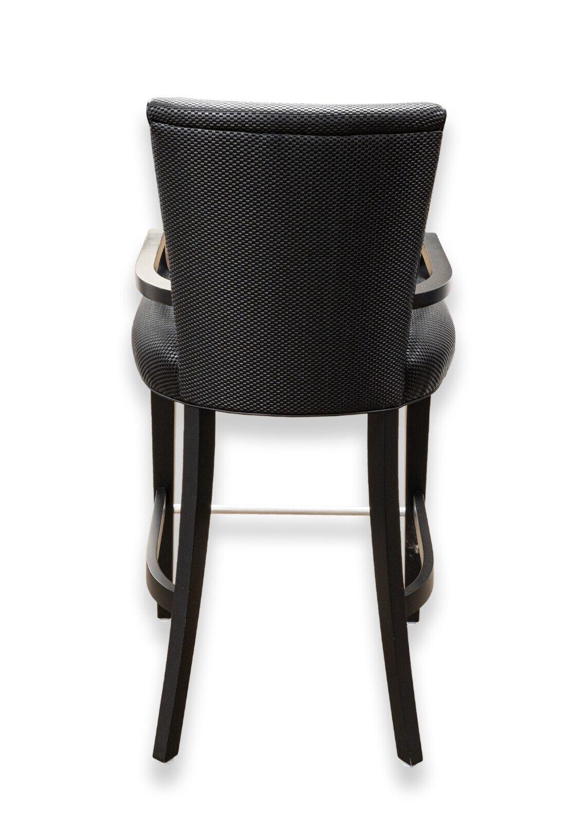 Contemporary Modern Pair of Woven Black Leather and Wood Bar Height Barstools For Sale 2
