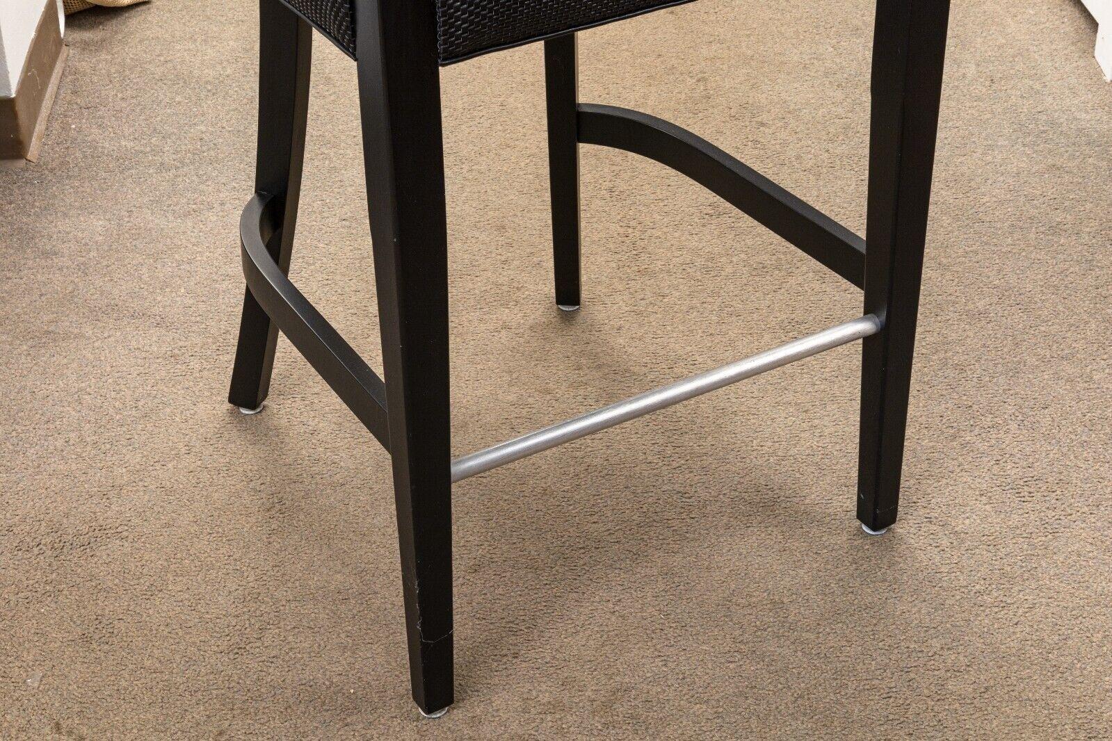 Contemporary Modern Pair of Woven Black Leather and Wood Bar Height Barstools For Sale 6