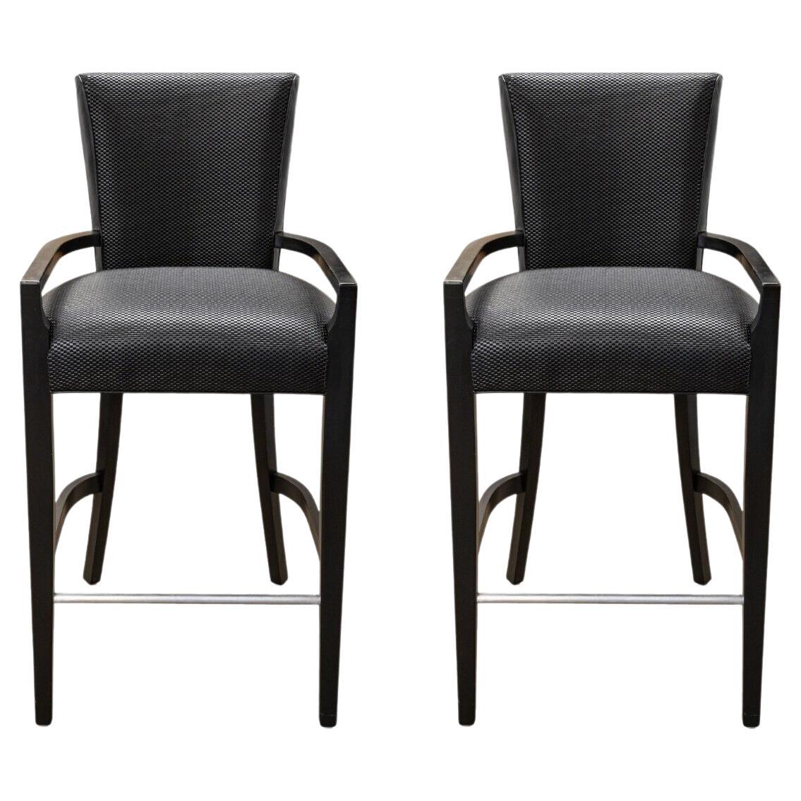 Contemporary Modern Pair of Woven Black Leather and Wood Bar Height Barstools For Sale