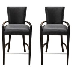 Used Contemporary Modern Pair of Woven Black Leather and Wood Bar Height Barstools