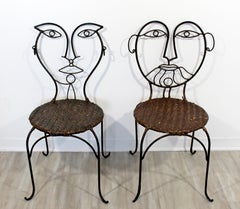 Contemporary Modern Pair of Wrought Iron and Rattan Cafe Art Chairs Faces, 1990s
