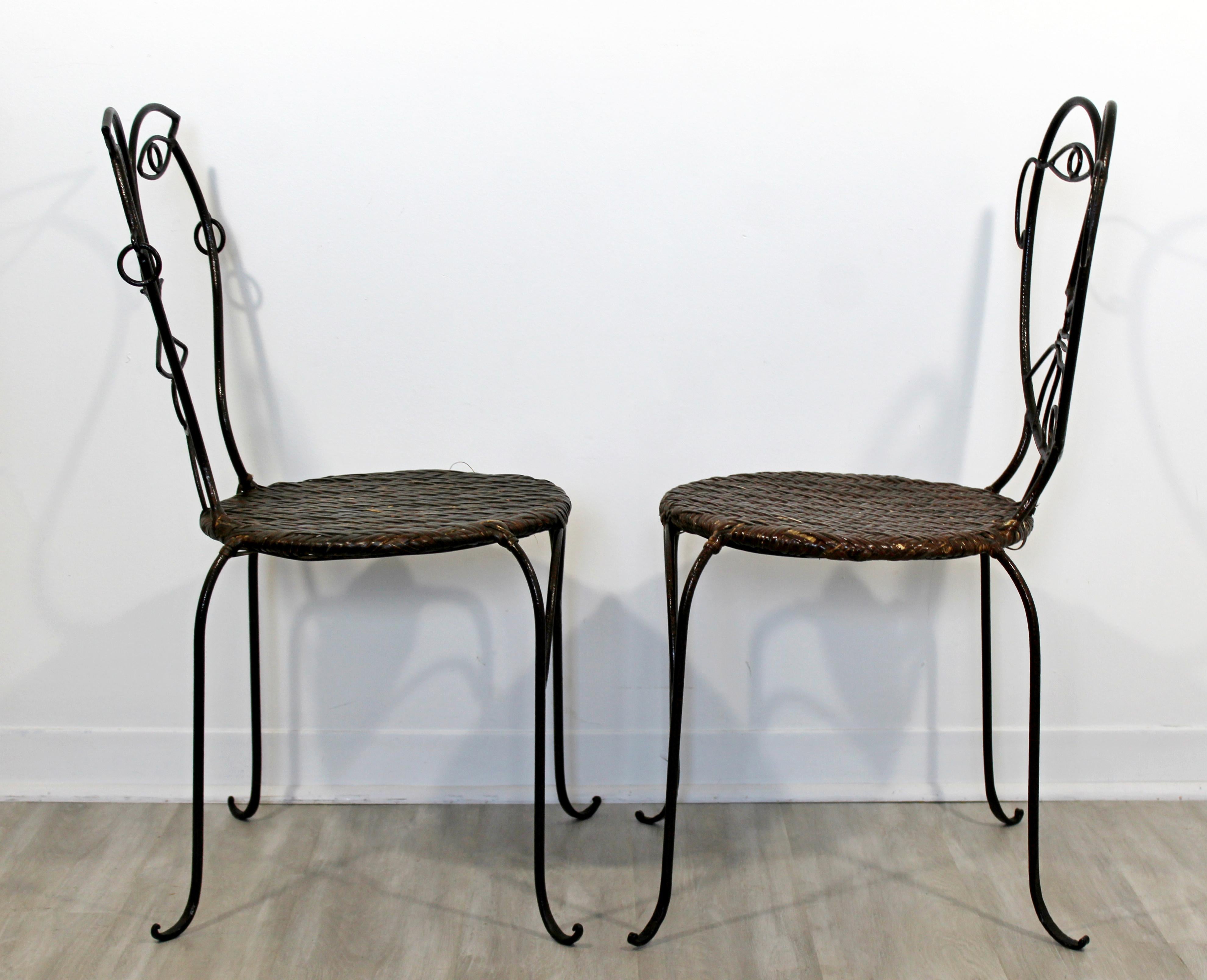 Contemporary Modern Pair of Wrought Iron and Rattan Cafe Art Chairs Faces, 1990s In Good Condition In Keego Harbor, MI